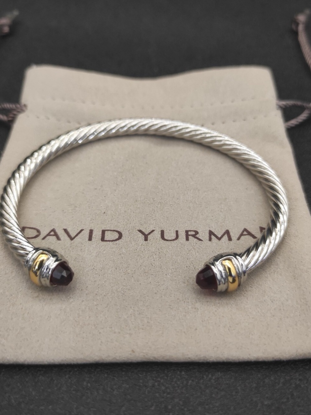 David Yurman Silver Cable Cuff with Garnet Terminals and Gold Accents
